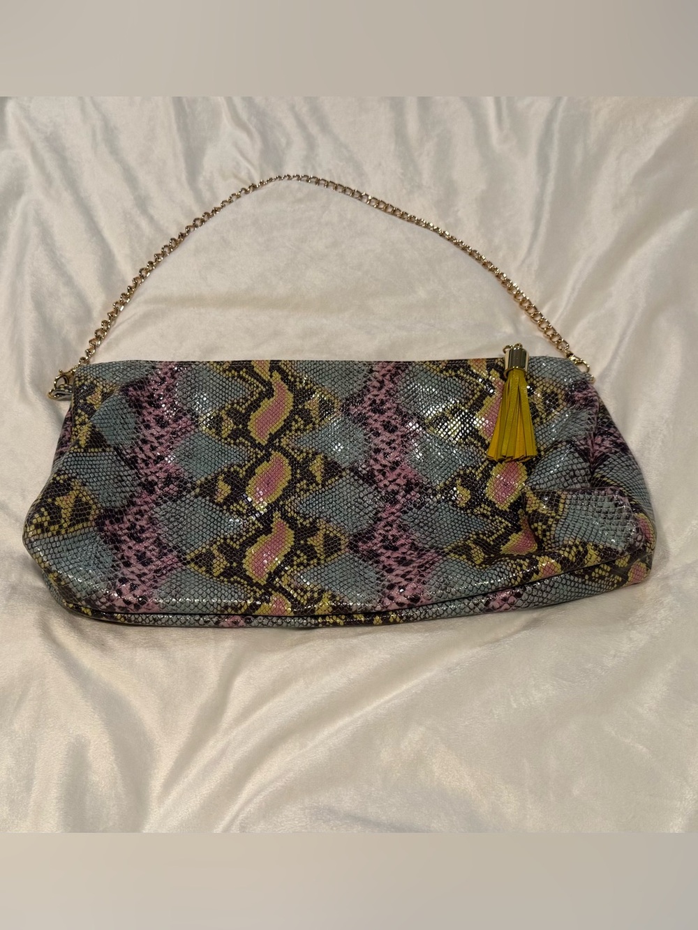 Multi-Colored Faux Snake-Print Shoulder Bag with Gold Tone Chain NWOT